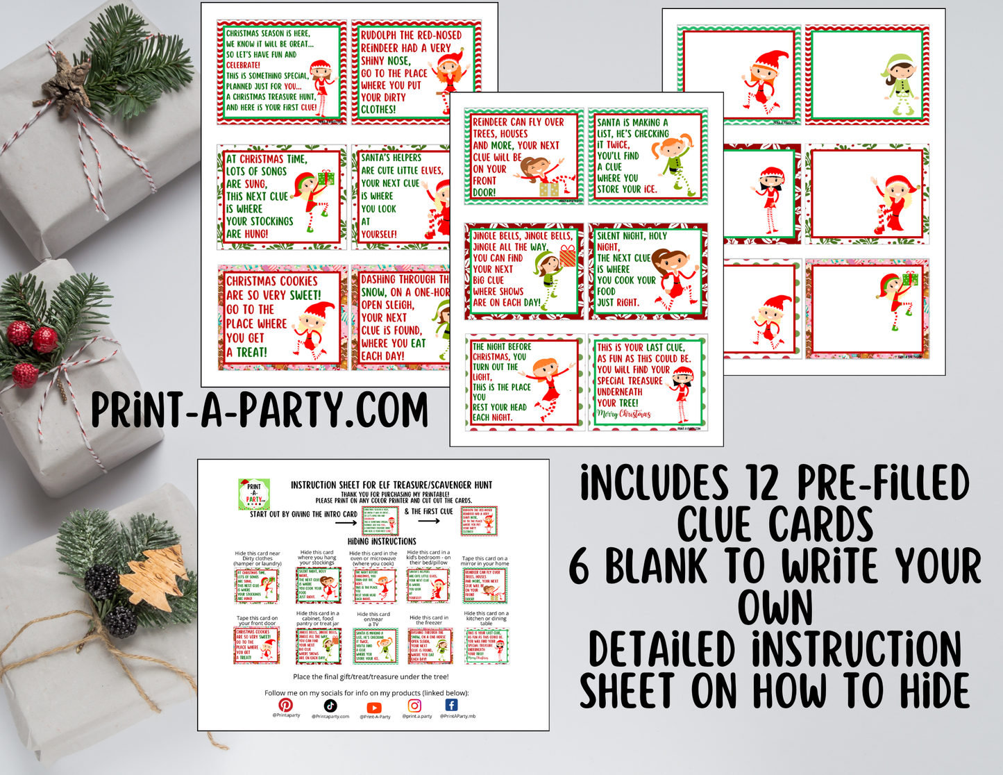 ELF TREASURE HUNT - Printable Elf Scavenger Hunt Game – Treasure Hunt Clues (Female Elf with Light Skin Tone)