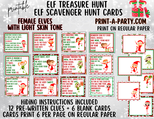 ELF TREASURE HUNT - Printable Female Elf (Light Skin Tones) Scavenger Hunt Treasure Hunt Clues