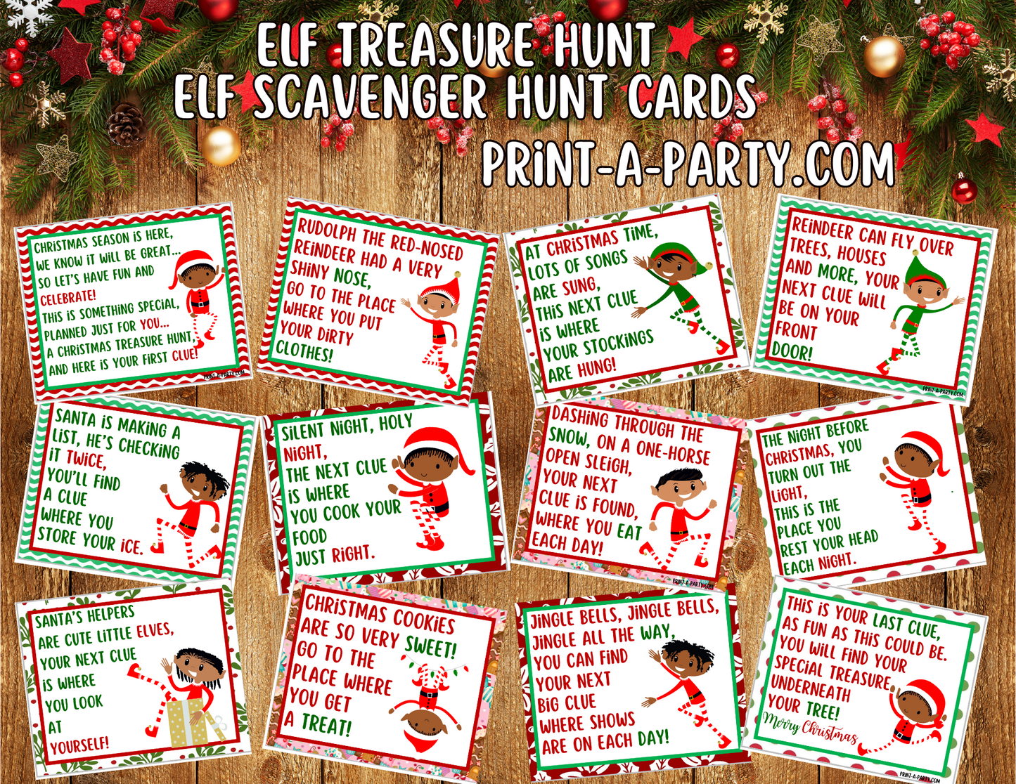 ELF TREASURE HUNT - Printable Male Elf (Dark Skin Tones) Scavenger Hunt Treasure Hunt Clues