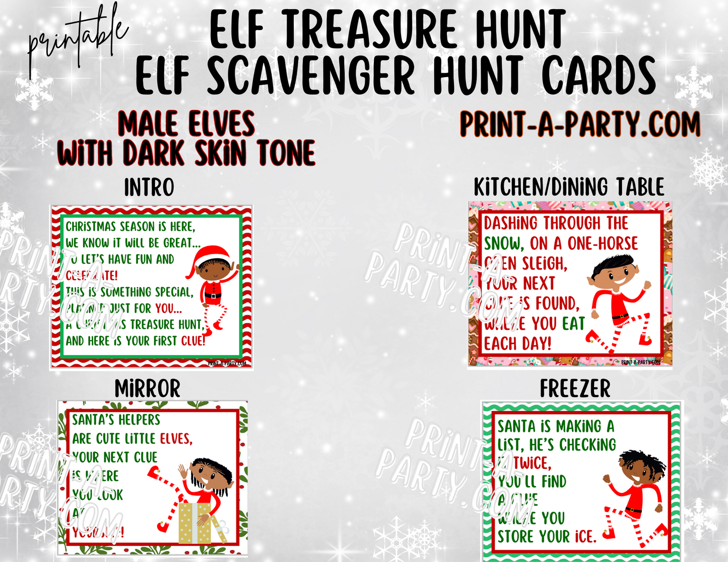 ELF TREASURE HUNT - Printable Male Elf (Dark Skin Tones) Scavenger Hunt Treasure Hunt Clues