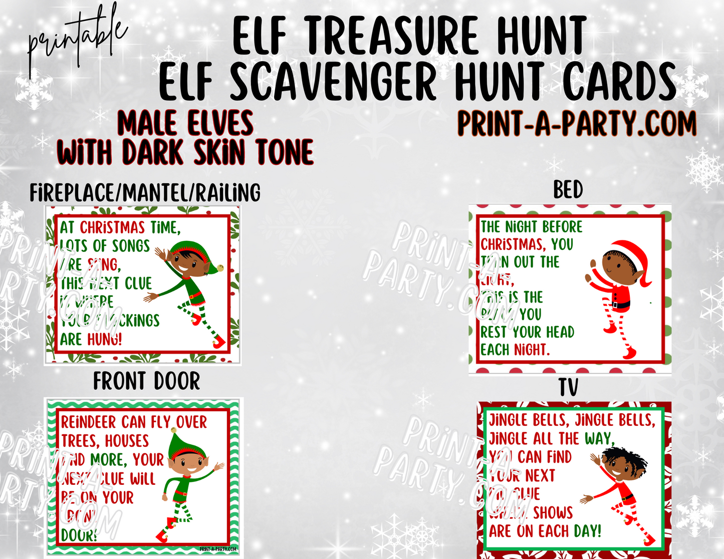 ELF TREASURE HUNT - Printable Male Elf (Dark Skin Tones) Scavenger Hunt Treasure Hunt Clues