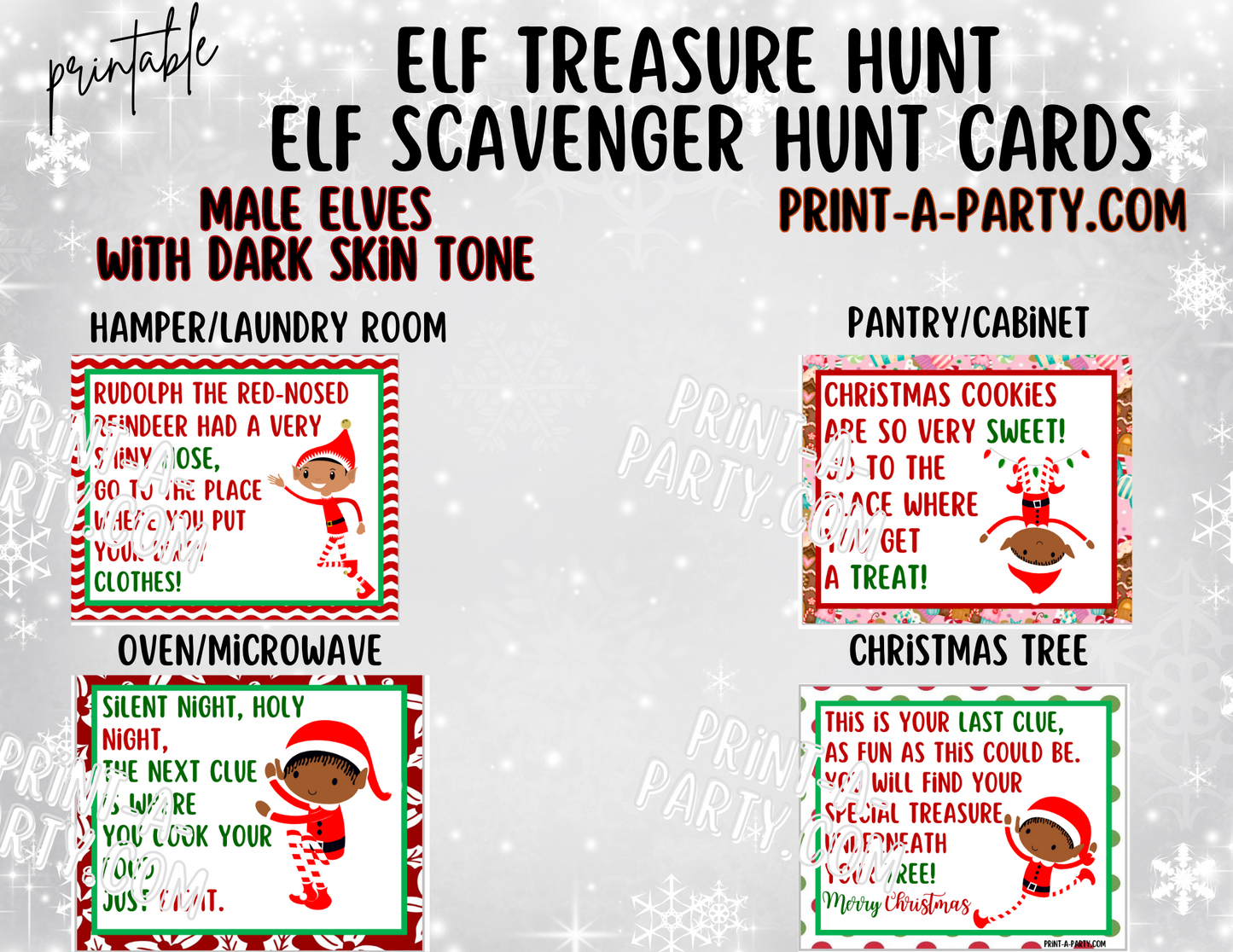 ELF TREASURE HUNT - Printable Male Elf (Dark Skin Tones) Scavenger Hunt Treasure Hunt Clues