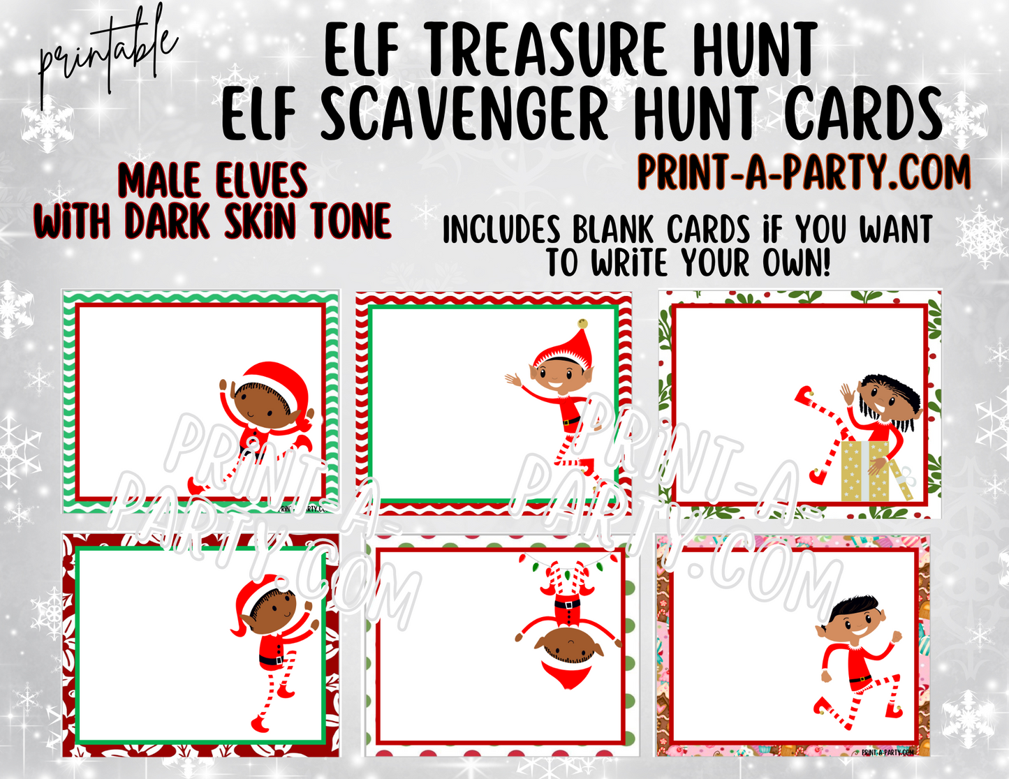 ELF TREASURE HUNT - Printable Male Elf (Dark Skin Tones) Scavenger Hunt Treasure Hunt Clues