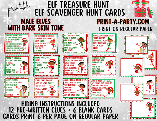 ELF TREASURE HUNT - Printable Male Elf (Dark Skin Tones) Scavenger Hunt Treasure Hunt Clues