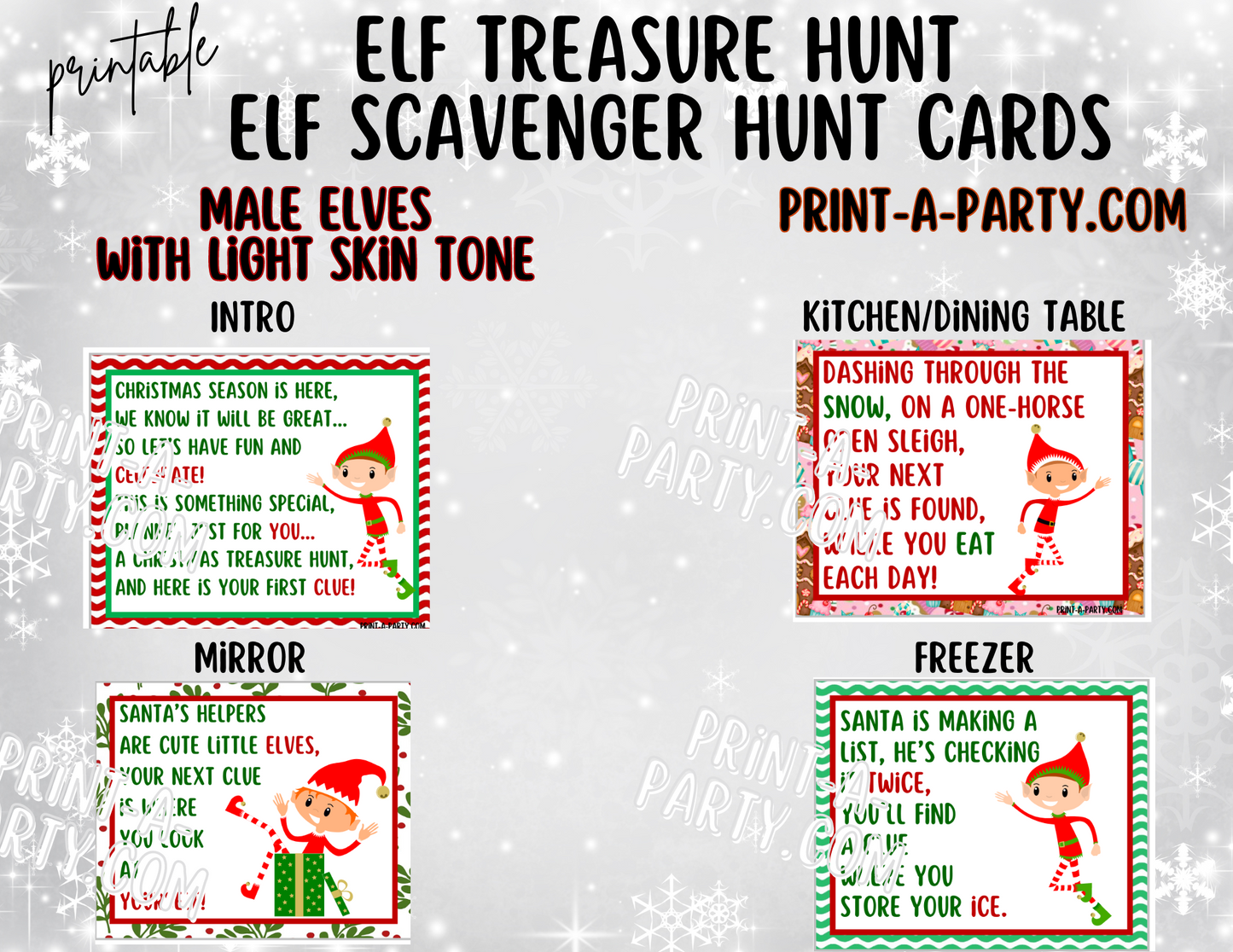 ELF TREASURE HUNT - Printable Male Elf (Light Skin Tones) Scavenger Hunt Treasure Hunt Clues