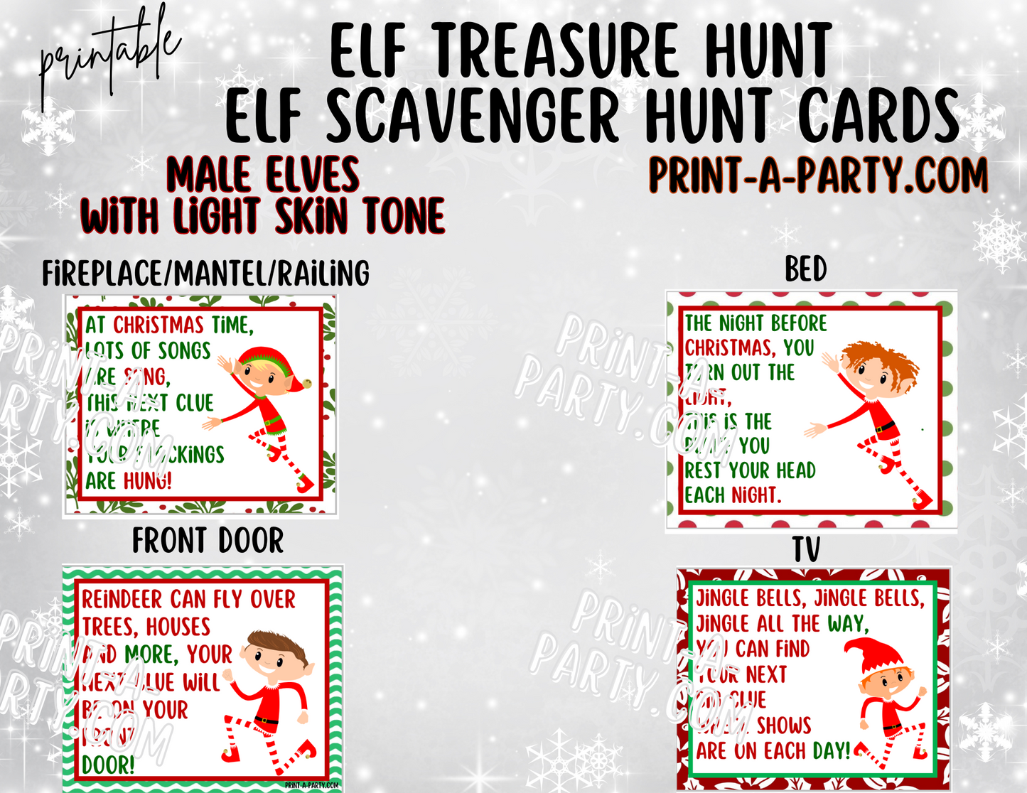 ELF TREASURE HUNT - Printable Male Elf (Light Skin Tones) Scavenger Hunt Treasure Hunt Clues