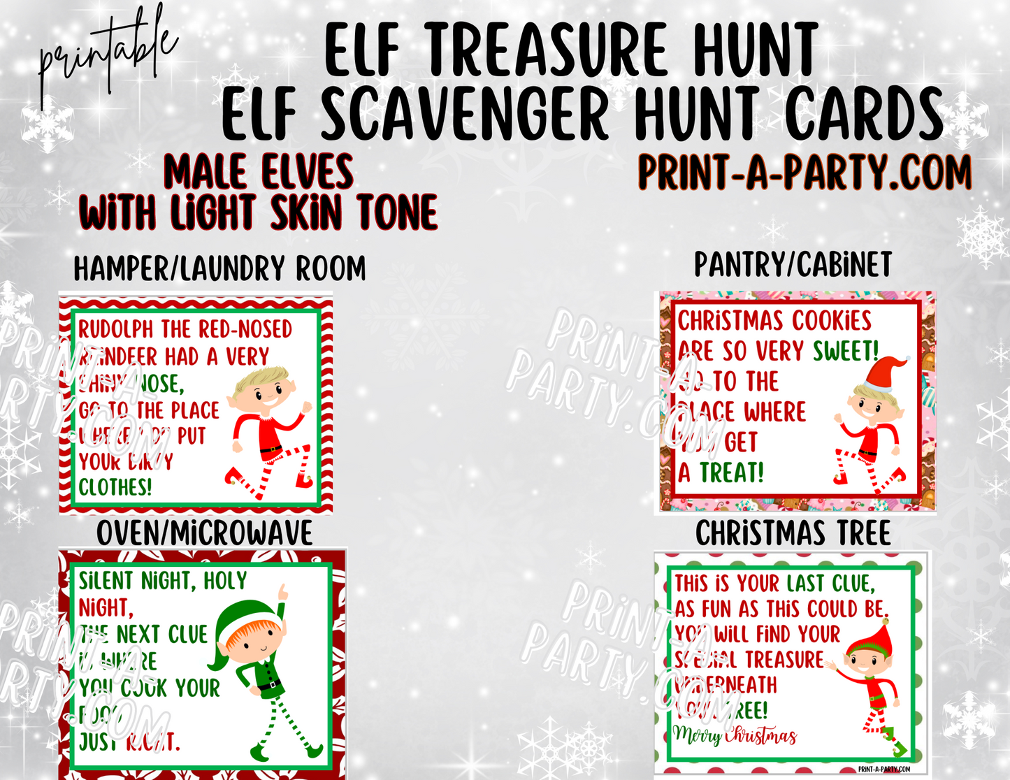 ELF TREASURE HUNT - Printable Male Elf (Light Skin Tones) Scavenger Hunt Treasure Hunt Clues