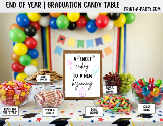End of School or Graduation Candy Table Printable Sign (8x10) & Treat Tent Cards - party decor