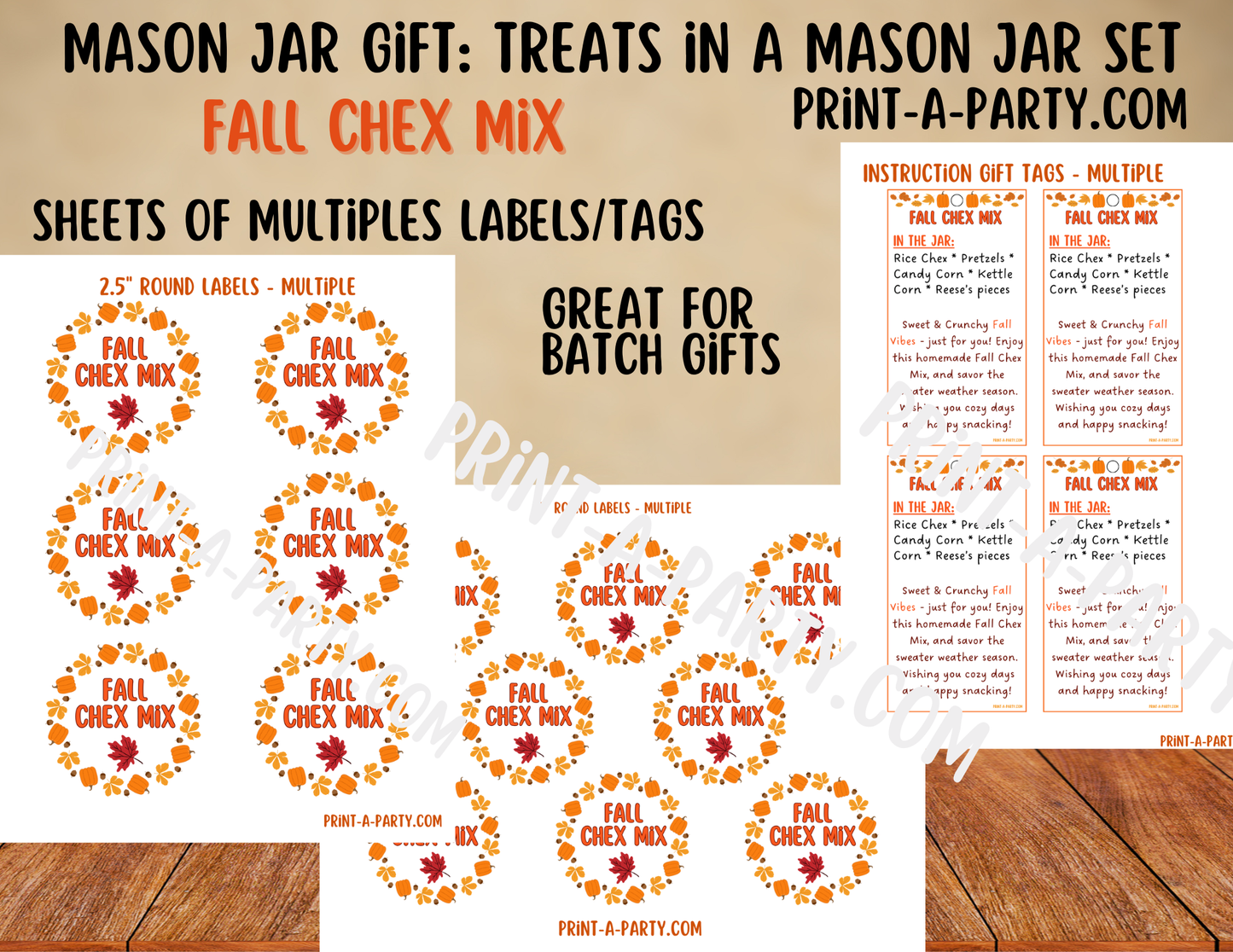 MASON JAR GIFT: Fall Chex Mix in a Mason Jar Gift Printable Kit - DIY Autumn Snack Mix for Teachers, Neighbors, Coworkers and more!