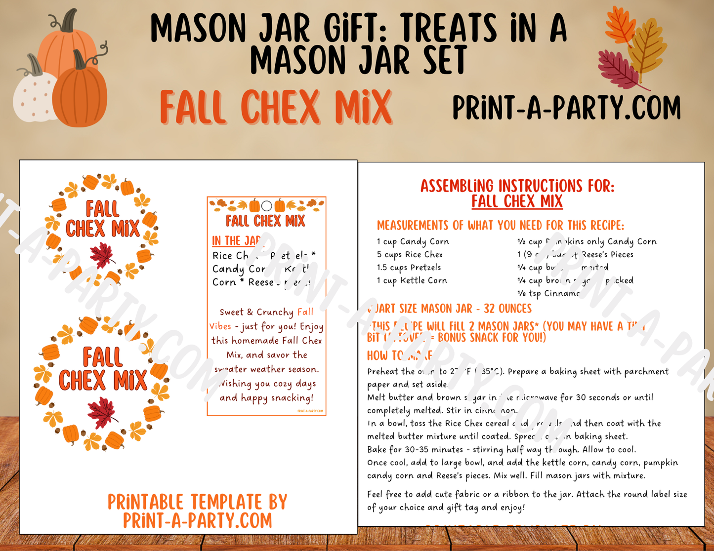 MASON JAR GIFT: Fall Chex Mix in a Mason Jar Gift Printable Kit - DIY Autumn Snack Mix for Teachers, Neighbors, Coworkers and more!