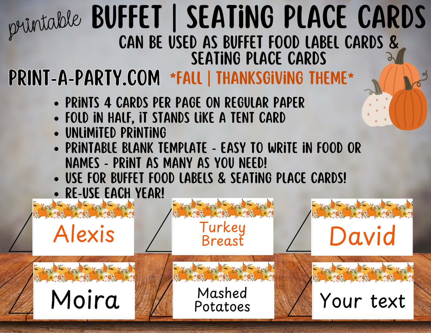 Fall Buffet PRINTABLE Food Labels & Seating Place Cards - Perfect for Thanksgiving, Autumn Parties, and Seasonal Gatherings