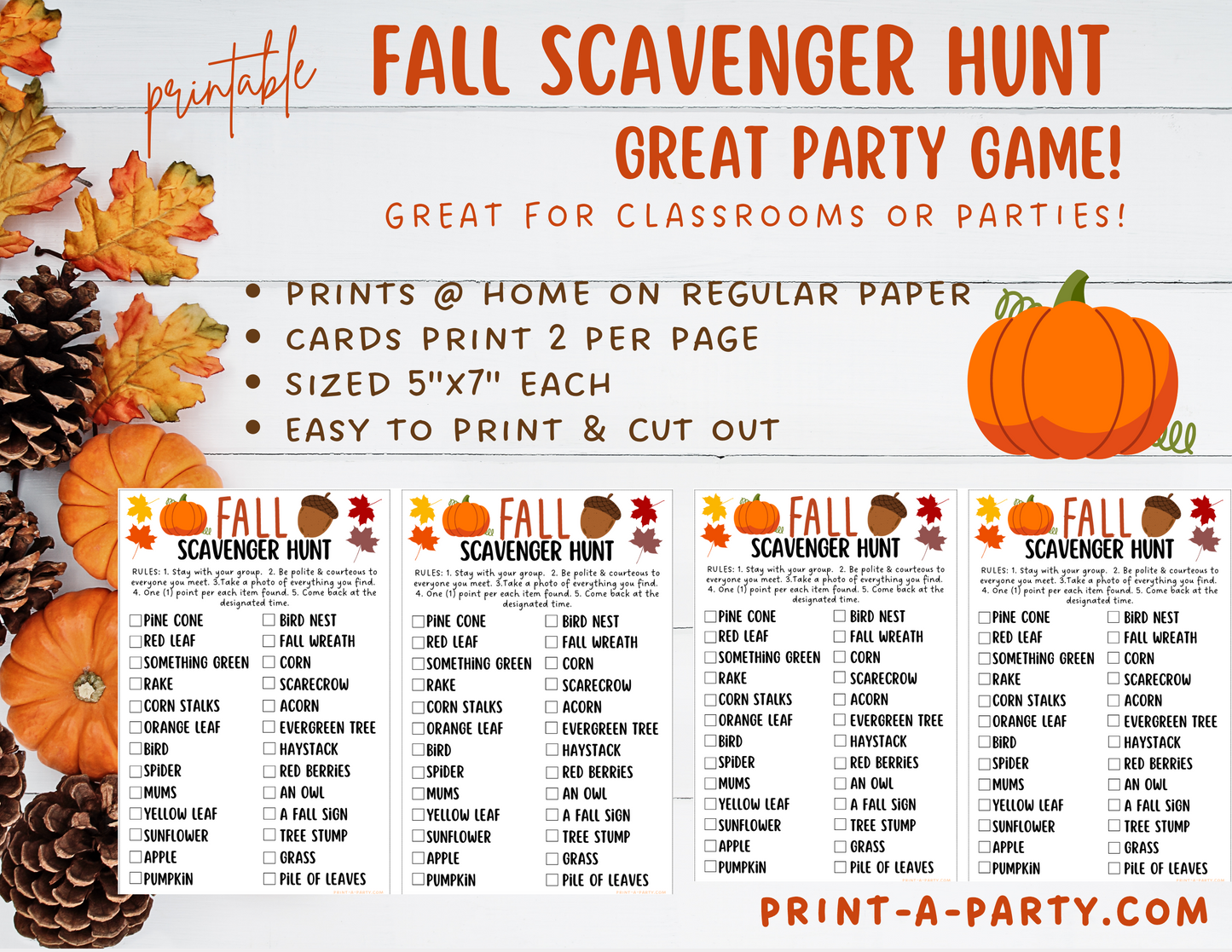 SCAVENGER HUNT GAME: Fall - Printable Fall Scavenger Hunt Game – Autumn Outdoor Activity for Kids, Classrooms, and Parties