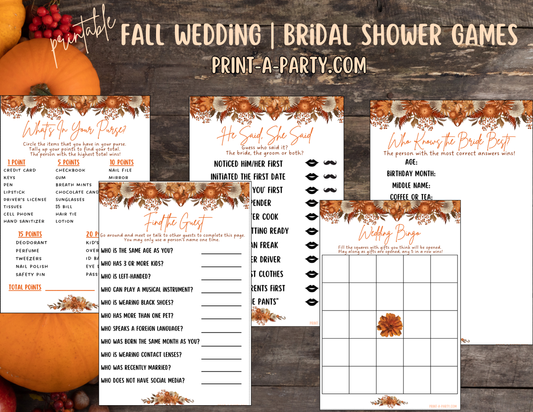 Bridal Shower: Printable FALL Burnt Orange Florals themed Bridal Shower Game Bundle - Instant PDF Download