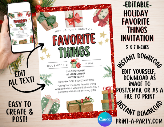 FAVORITE THINGS Christmas Party - Editable Holiday & Christmas Invitation Template – Customizable Festive Party Invite for Easy Sharing and Printing