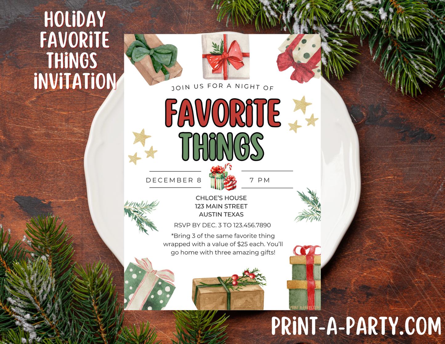 FAVORITE THINGS Christmas Party - Editable Holiday & Christmas Invitation Template – Customizable Festive Party Invite for Easy Sharing and Printing