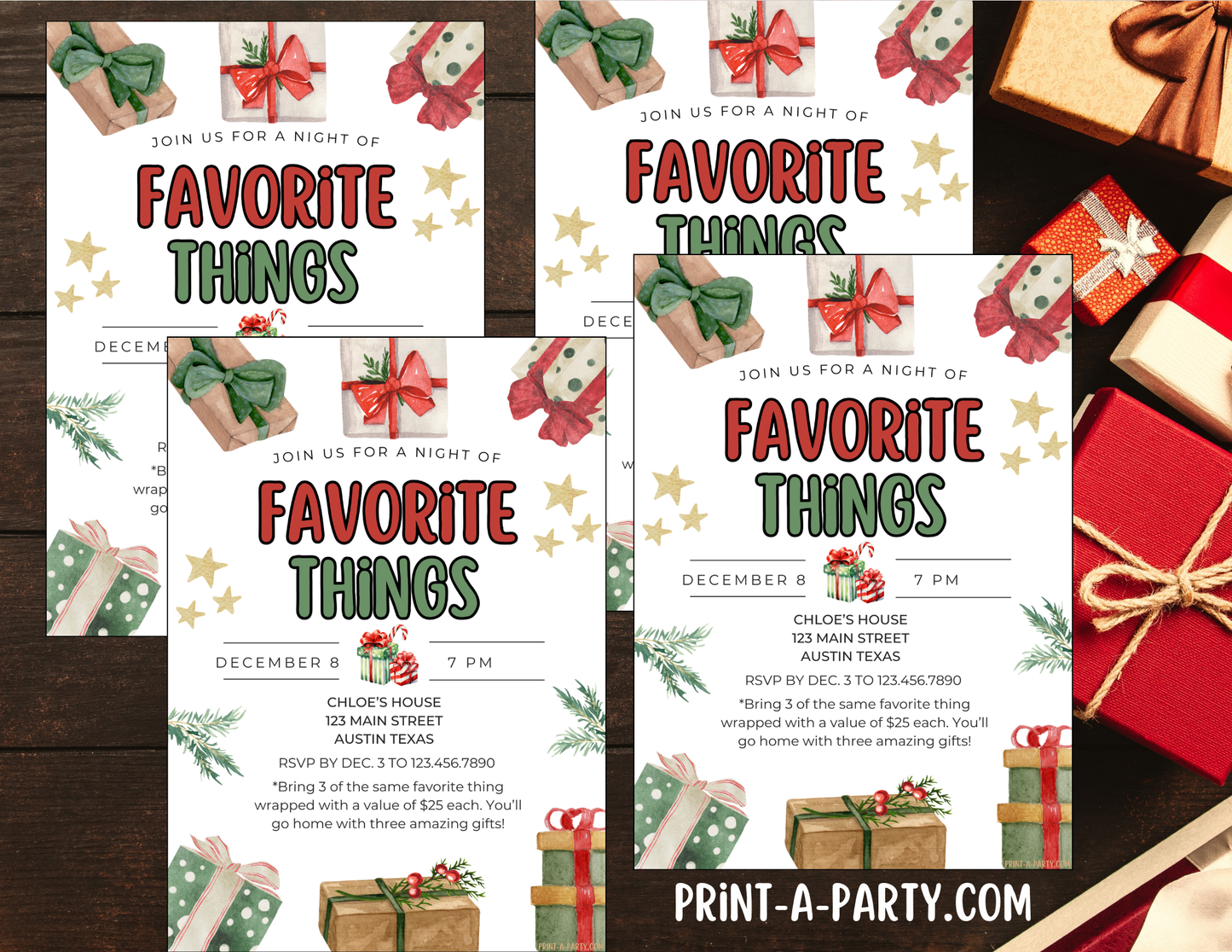 FAVORITE THINGS Christmas Party - Editable Holiday & Christmas Invitation Template – Customizable Festive Party Invite for Easy Sharing and Printing