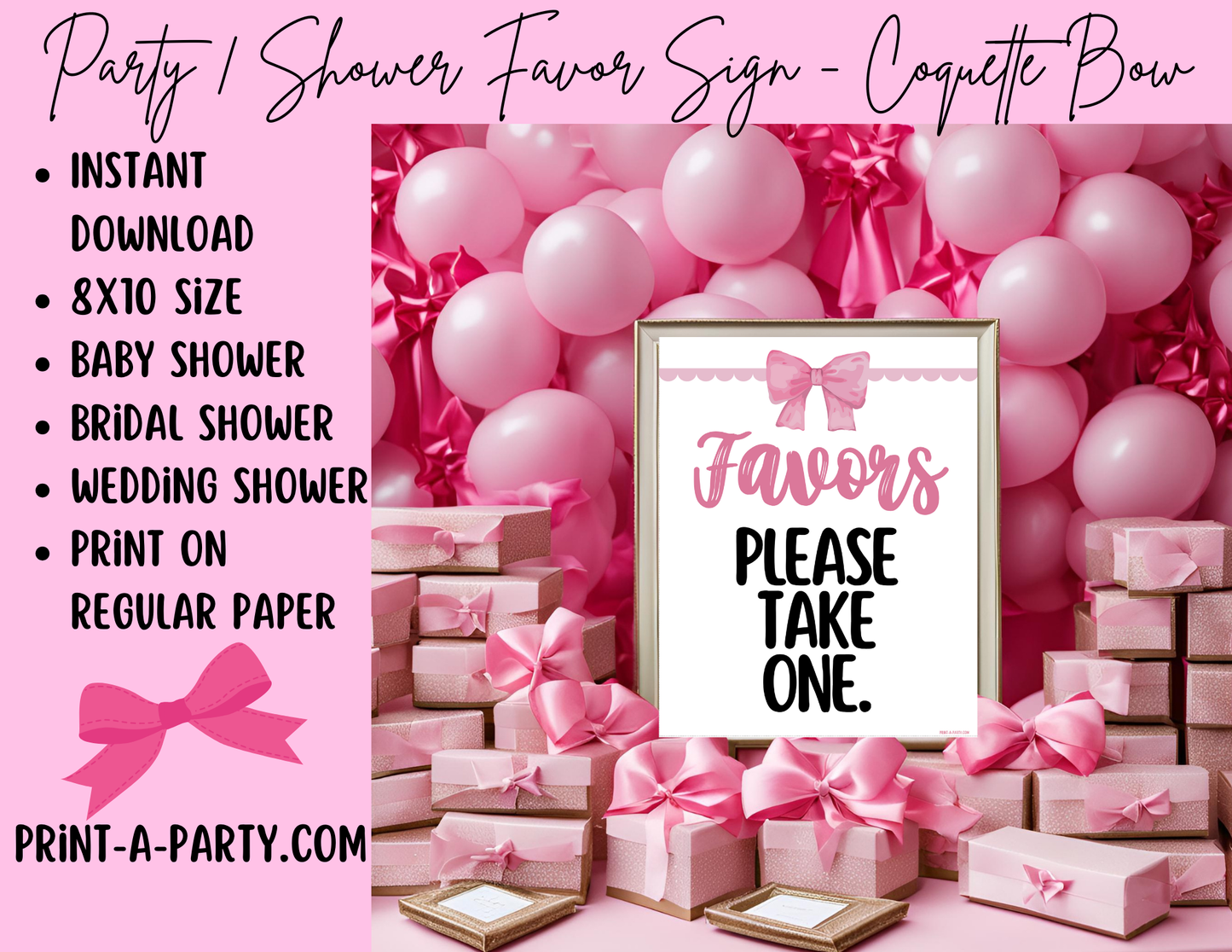 FAVORS SIGN - BOW COQUETTE THEME 1 | Party Favors | Baby or Bridal Shower Favors | Party Favors | Favors Please take one
