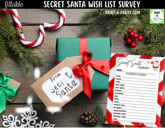 Secret Santa Wish List Fillable PDF | Digital Holiday Gift Exchange Survey