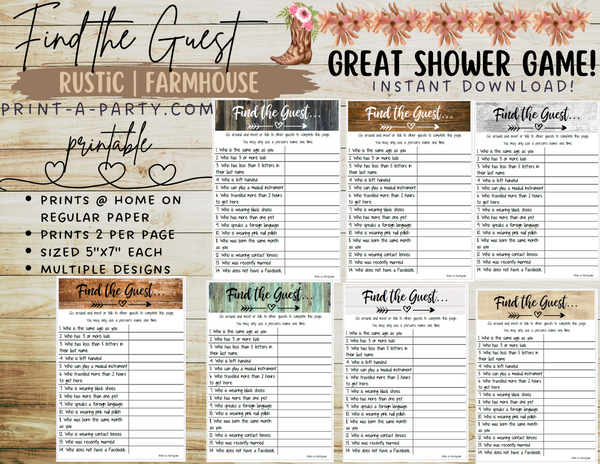 FIND THE GUEST Game | Rustic Farmhouse for Bridal Shower, Wedding Shower, Same Sex Wedding Shower | Rustic Wedding | Farmhouse Wedding