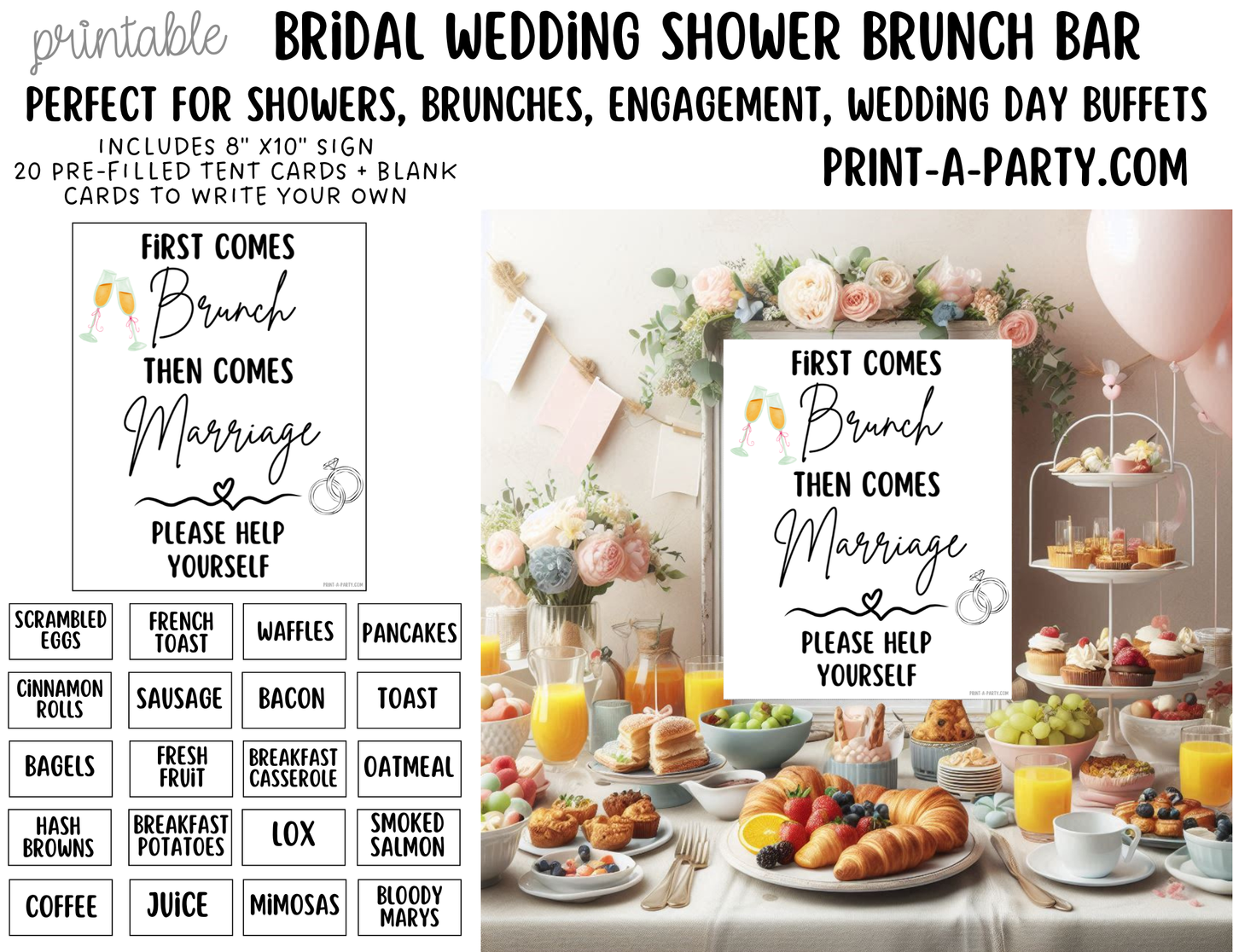 Wedding Event Bridal Brunch Bar Printable Sign & Tent Cards | Wedding Shower Breakfast Bar Decorations | Instant Download