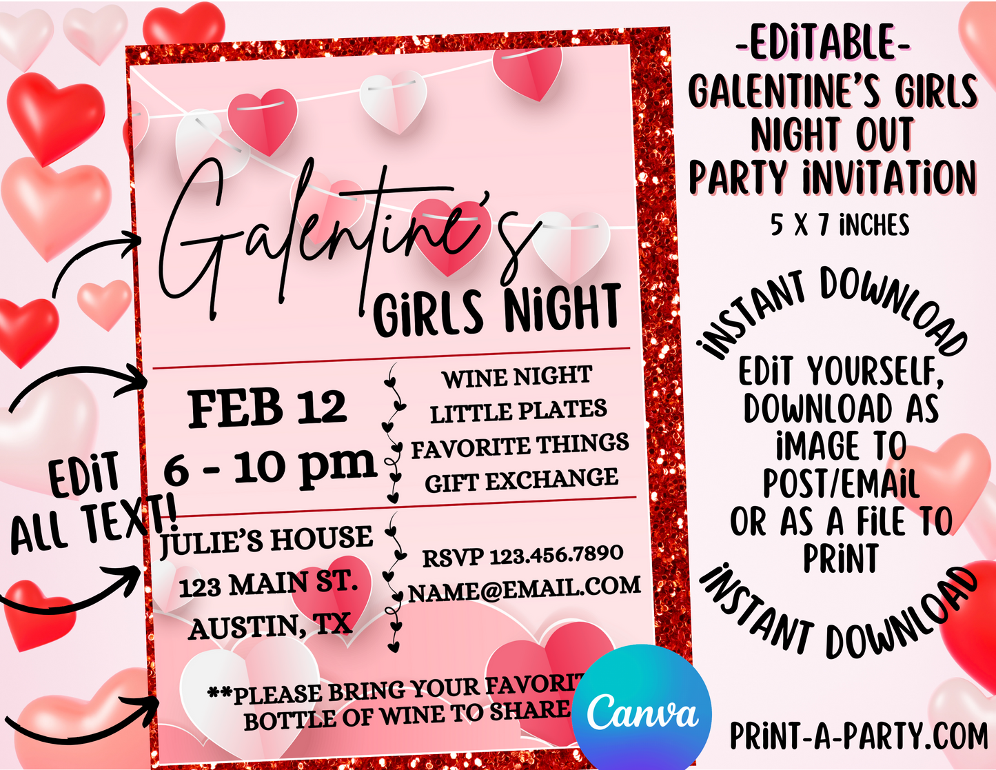 VALENTINE PARTY EDITABLE INVITATION: GALENTINES GIRLS WINE NIGHT INVITATION - EDITABLE PRINTABLE | Valentine's Day Party Invite | Valentine Party Customization | Valentine Wine Night