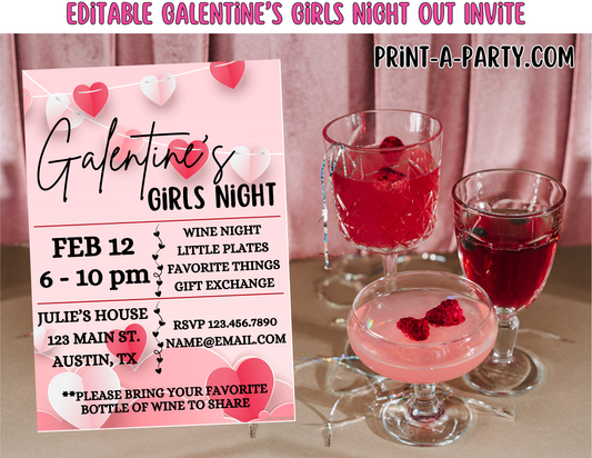 Editable Valentine Galentine's Girls Night Invite | Printable 5x7 Canva Template, Instant Download