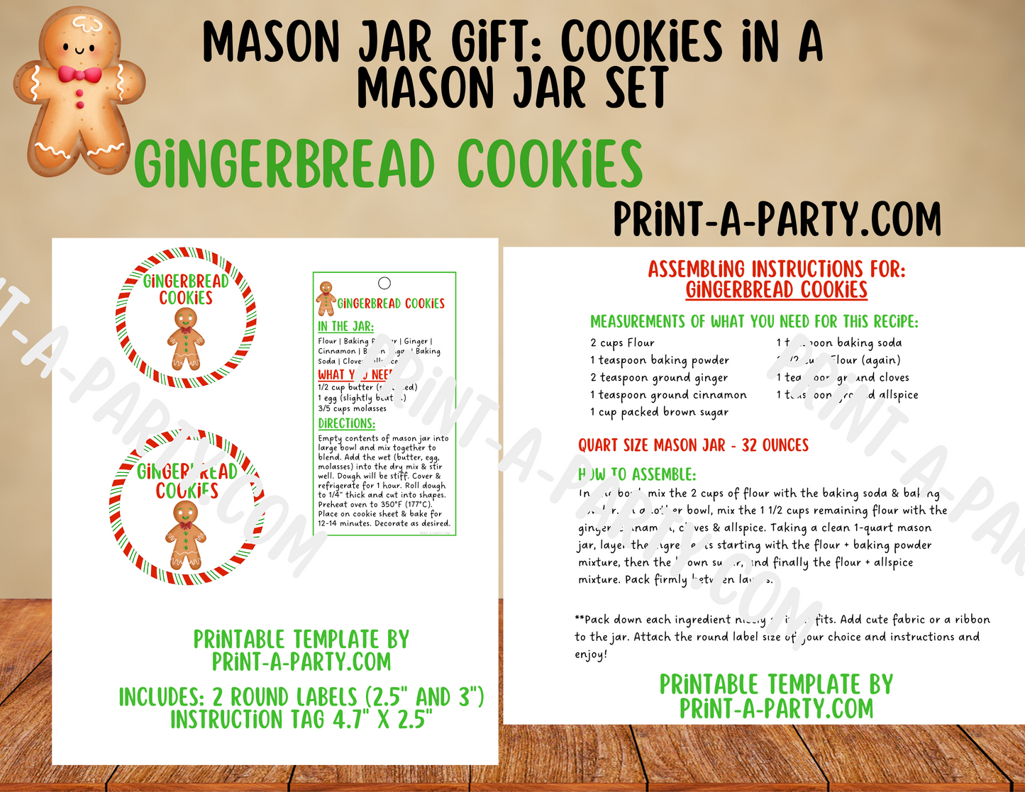 MASON JAR GIFT: Gingerbread Cookies in a mason jar printable kit - perfect holiday gift idea for teacher, neighbors, family or friends