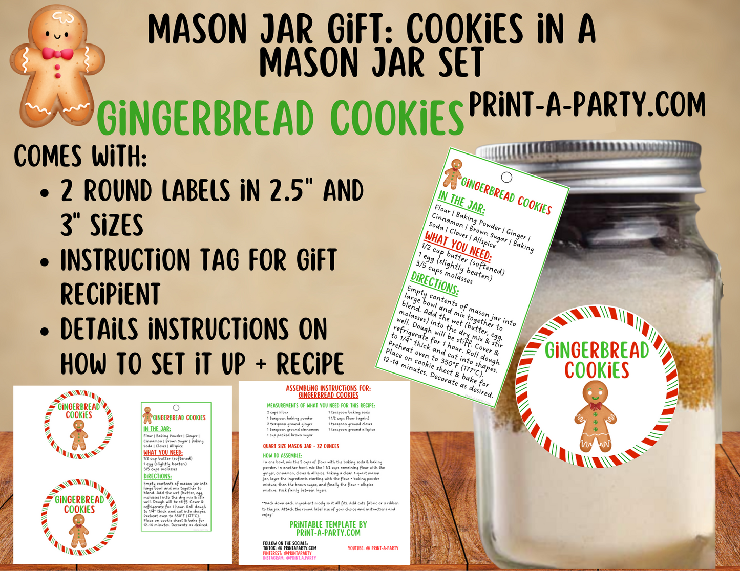 MASON JAR GIFT: Gingerbread Cookies in a mason jar printable kit - perfect holiday gift idea for teacher, neighbors, family or friends