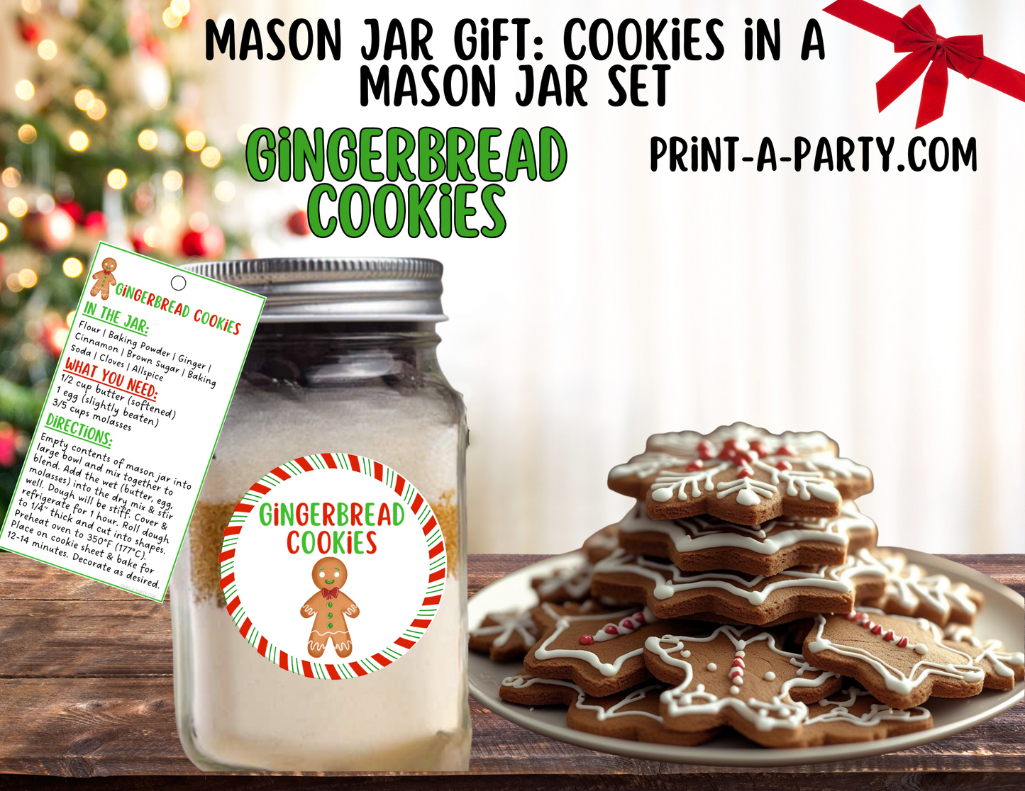 MASON JAR GIFT: Gingerbread Cookies in a mason jar printable kit - perfect holiday gift idea for teacher, neighbors, family or friends