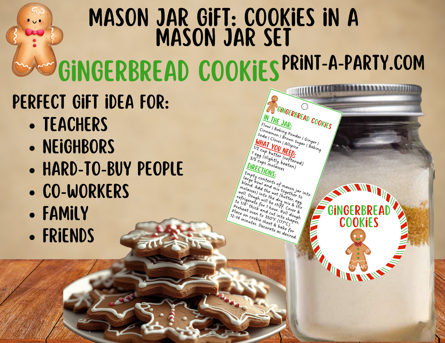 MASON JAR GIFT: Gingerbread Cookies in a mason jar printable kit - perfect holiday gift idea for teacher, neighbors, family or friends