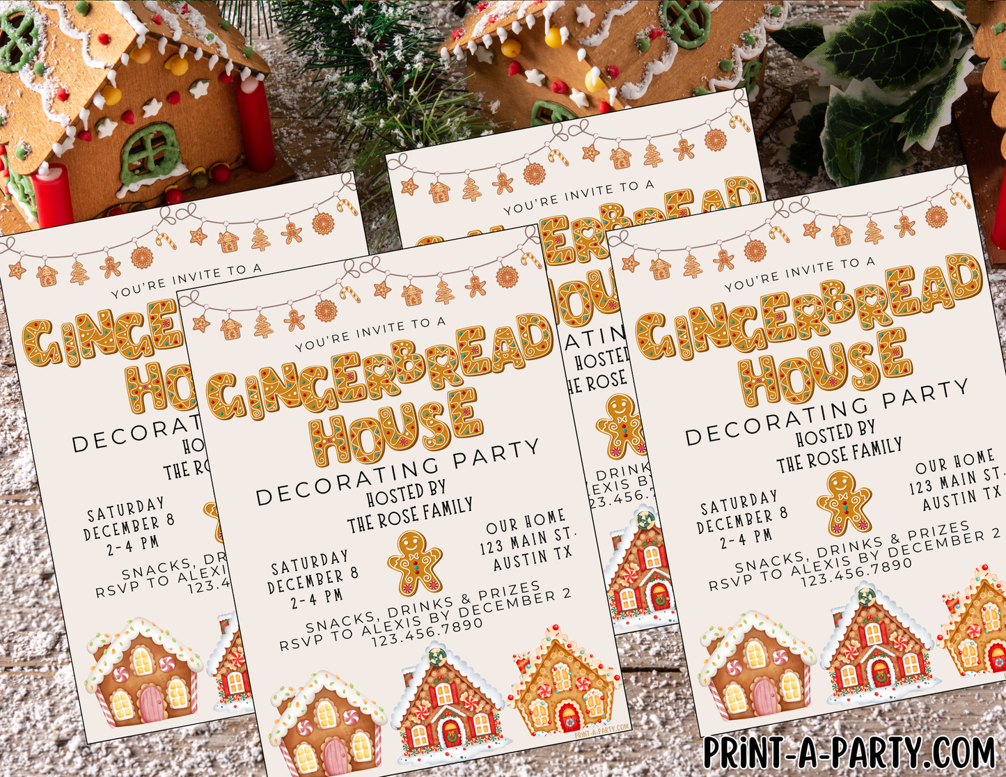 GINGERBREAD HOUSE DECORATING PARTY Invite - Editable Gingerbread-themed Party Invitation – Customizable Holiday & Christmas Invite for Easy Sharing and Printing