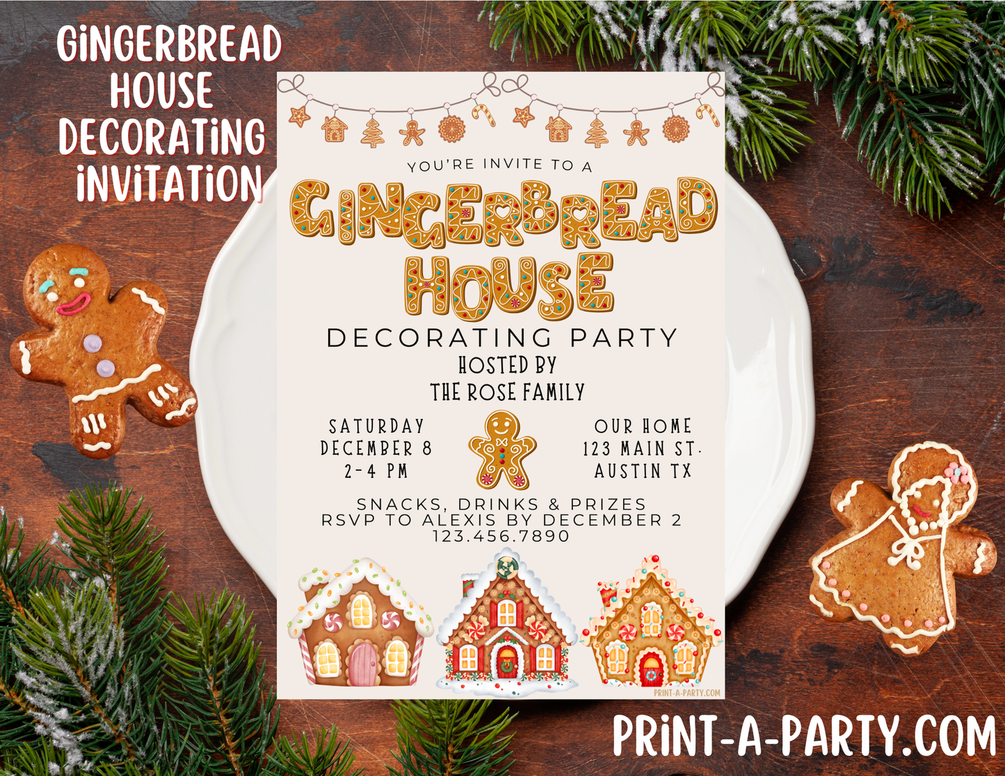 GINGERBREAD HOUSE DECORATING PARTY Invite - Editable Gingerbread-themed Party Invitation – Customizable Holiday & Christmas Invite for Easy Sharing and Printing