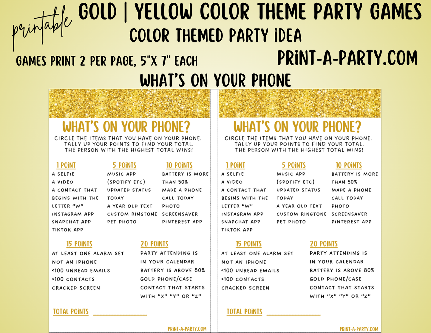 GAMES: COLOR PARTY GOLD YELLOW THEME | Color Party | Gold or Yellow Party Games | Gold Yellow Party Ideas | INSTANT DOWNLOAD