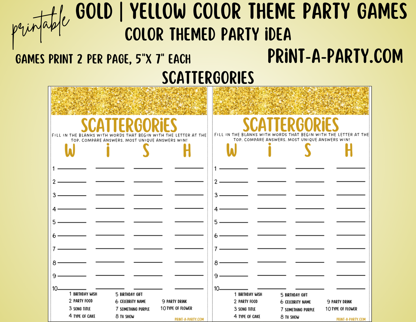 GAMES: COLOR PARTY GOLD YELLOW THEME | Color Party | Gold or Yellow Party Games | Gold Yellow Party Ideas | INSTANT DOWNLOAD