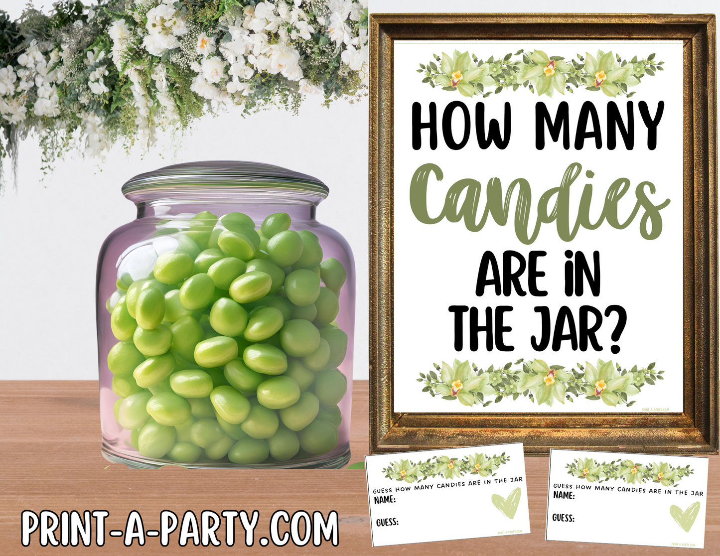 CANDY JAR GUESSING GAME | How many candies in jar | Green Florals | Bridal Shower Game | Bridal Shower Decor | Wedding Shower Activity | Same Sex Wedding Shower Activities | Printable