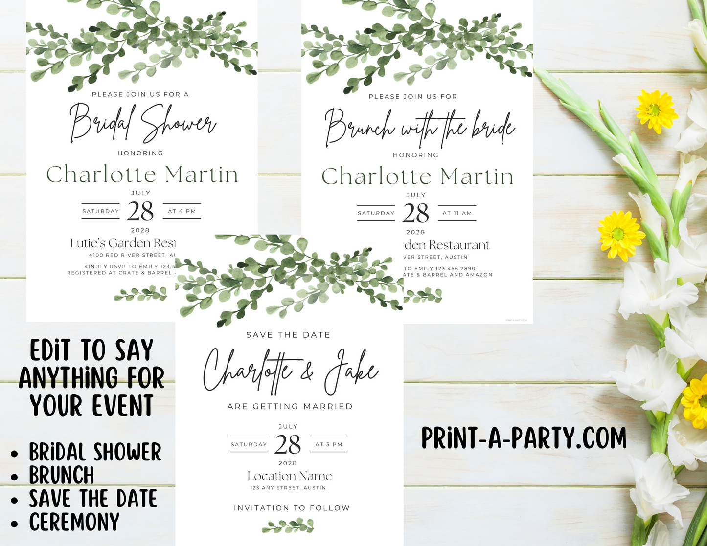 Editable Wedding Invitation Template - GREEN FLORALS - Canva printable for Bridal Showers, Save-the-Dates, Engagement parties and more
