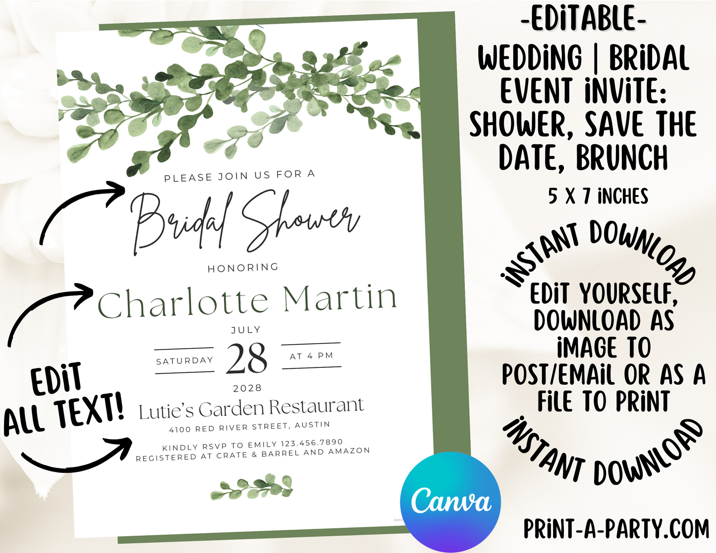 Editable Wedding Invitation Template - GREEN FLORALS - Canva printable for Bridal Showers, Save-the-Dates, Engagement parties and more