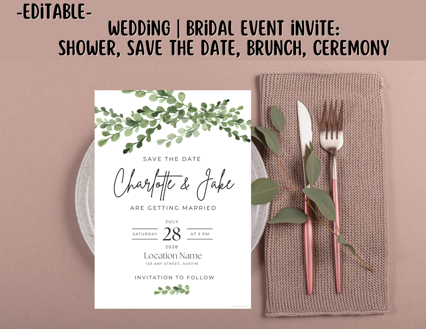 Editable Wedding Invitation Template - GREEN FLORALS - Canva printable for Bridal Showers, Save-the-Dates, Engagement parties and more