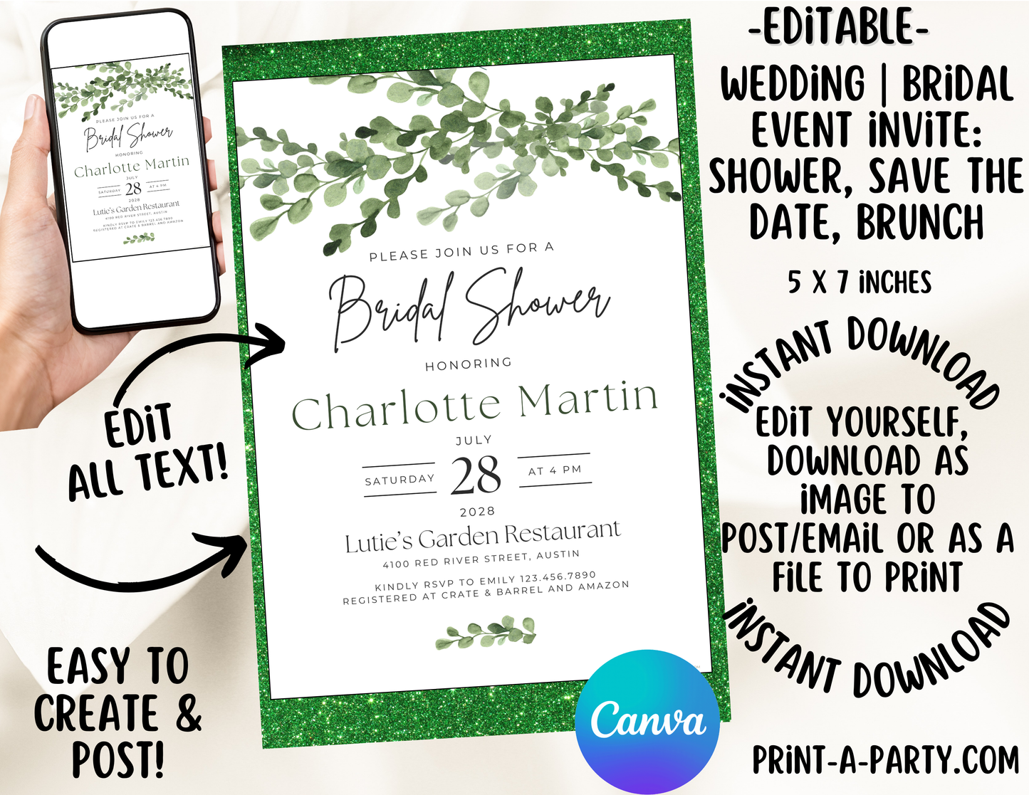 EDITABLE WEDDING EVENT INVITATION: Bridal Shower, Brunch, Save The Date, Editable Invite for posting or printing | Green Florals