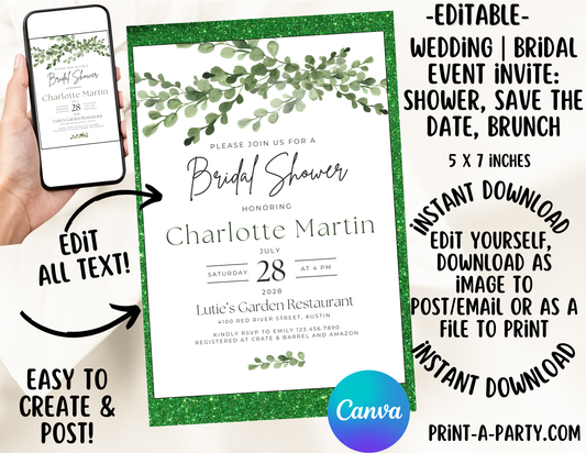 Editable Wedding Invitation Template - GREEN FLORALS - Canva printable for Bridal Showers, Save-the-Dates, Engagement parties and more
