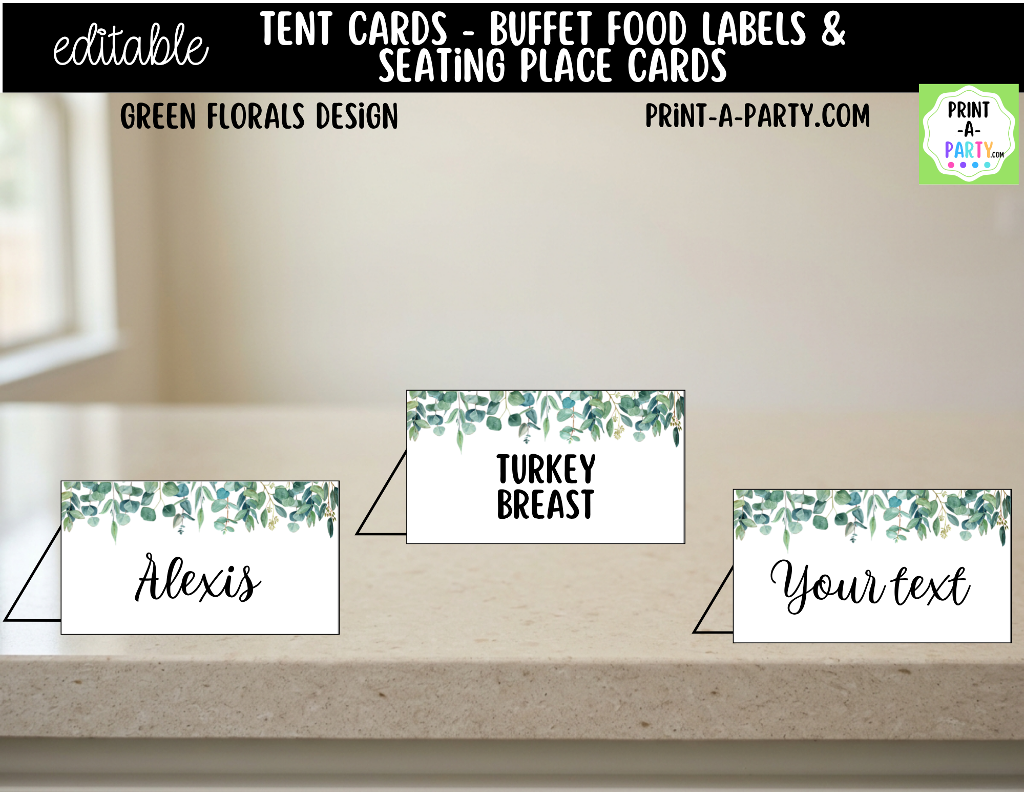 Editable Green Floral Buffet Labels and Place Cards for Garden or Eleg