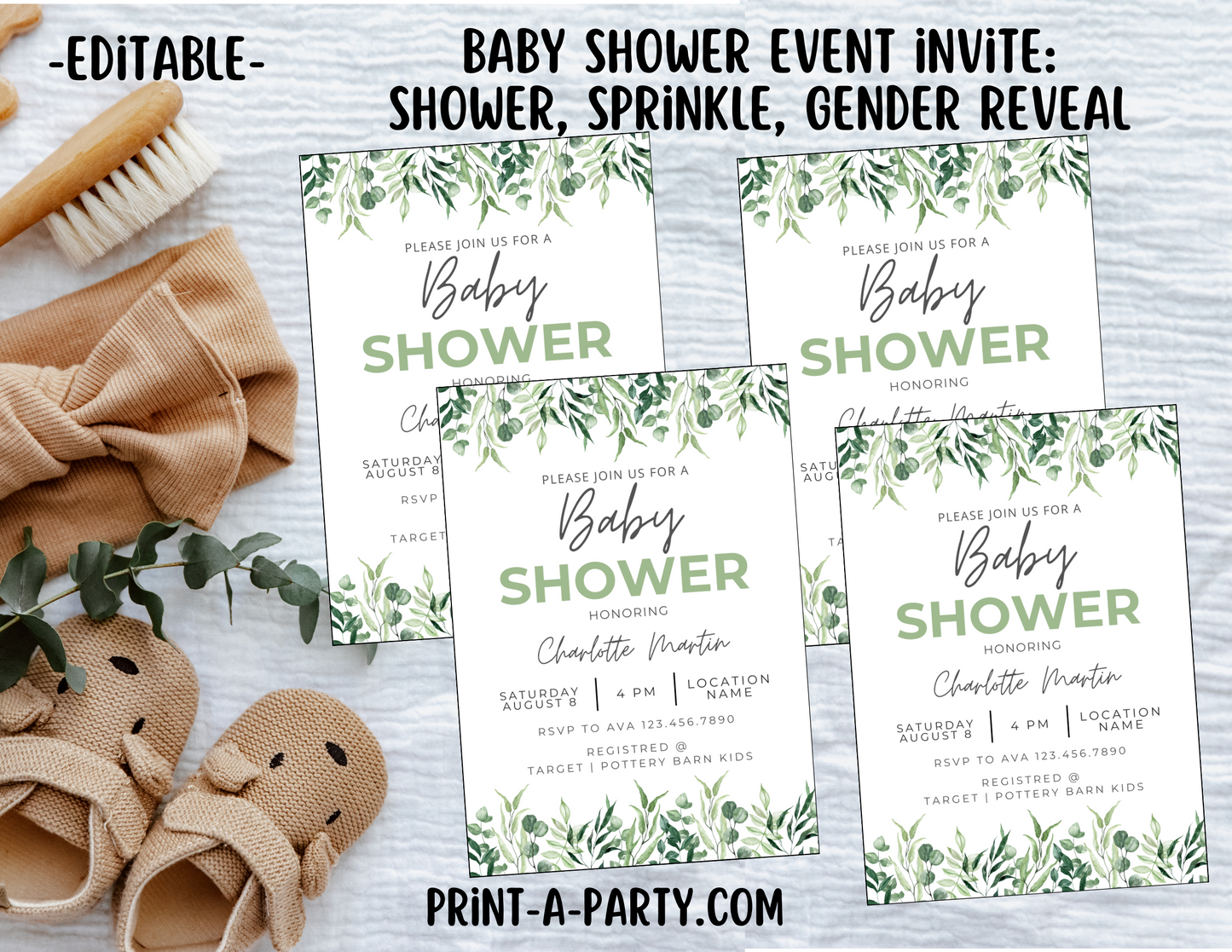 EDITABLE Baby Shower INVITATION Template - GREEN FLORAL Theme for Baby Shower, Sprinkes, Sip and See or Adoption Parties