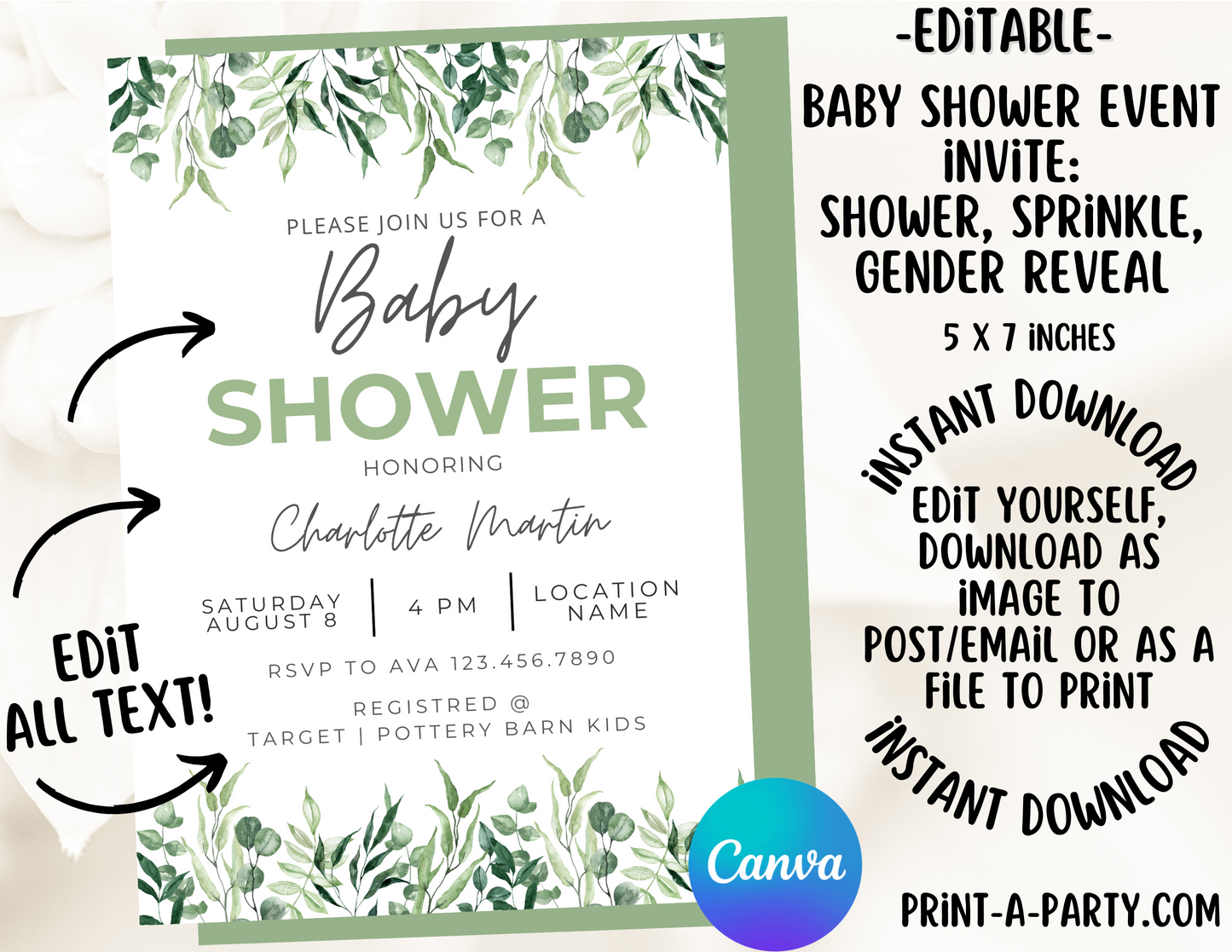 EDITABLE Baby Shower INVITATION Template - GREEN FLORAL Theme for Baby Shower, Sprinkes, Sip and See or Adoption Parties