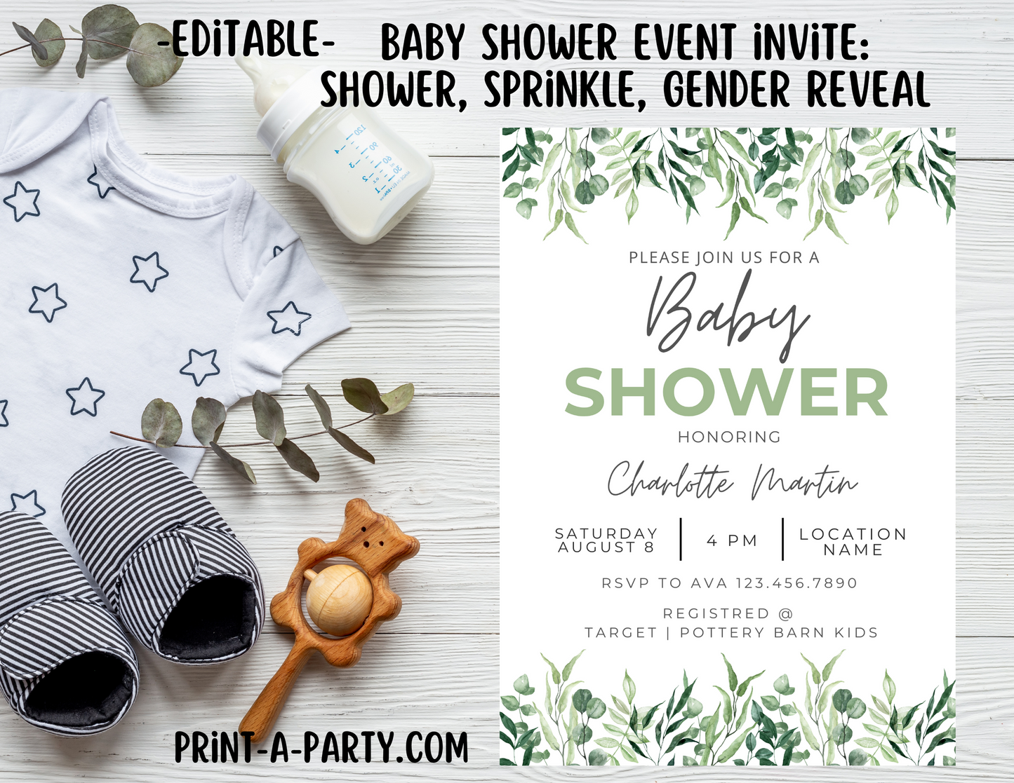 EDITABLE Baby Shower INVITATION Template - GREEN FLORAL Theme for Baby Shower, Sprinkes, Sip and See or Adoption Parties