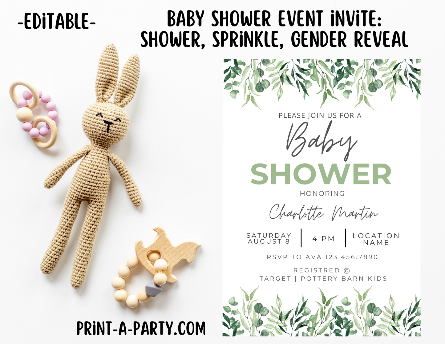 EDITABLE Baby Shower INVITATION Template - GREEN FLORAL Theme for Baby Shower, Sprinkes, Sip and See or Adoption Parties