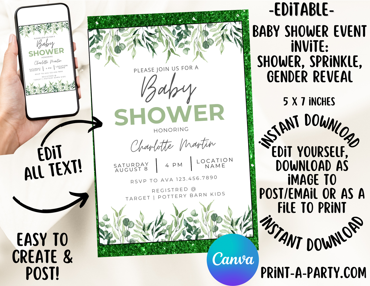 EDITABLE Baby Shower INVITATION Template - GREEN FLORAL Theme for Baby Shower, Sprinkes, Sip and See or Adoption Parties