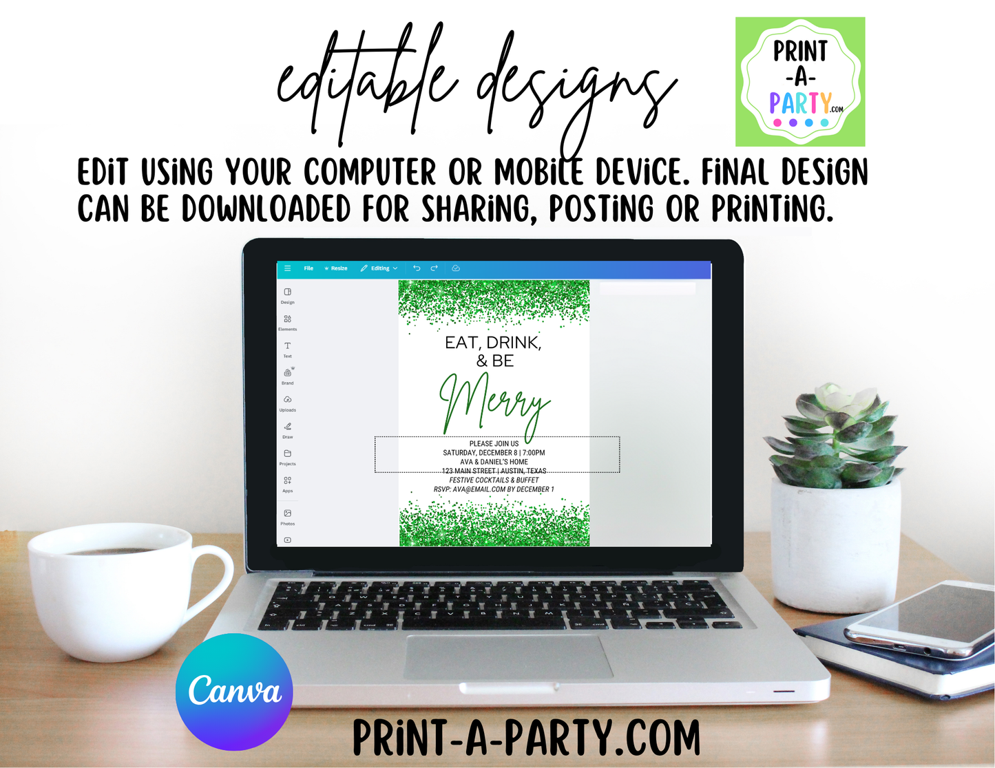 EAT, DRINK & BE MERRY editable Christmas Party Invitation Template for Easy Sharing Posting or Printing