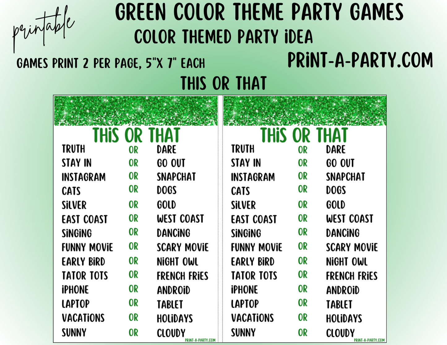 GAMES: COLOR PARTY GREEN THEME | Color Party | Green Party Games | Green Party Ideas | INSTANT DOWNLOAD
