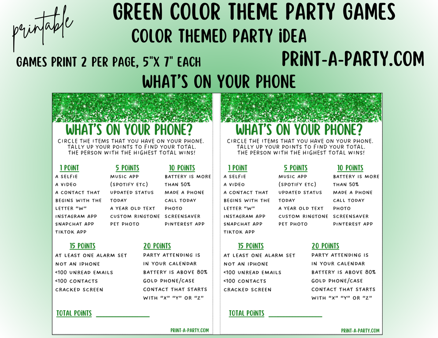 GAMES: COLOR PARTY GREEN THEME | Color Party | Green Party Games | Green Party Ideas | INSTANT DOWNLOAD