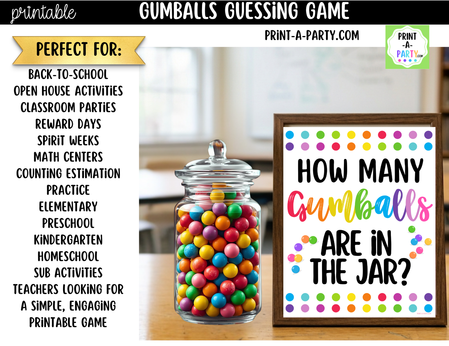 Gumball Candy Jar Guessing Game Printable Sign (8x10) + Guessing Cards - Party Game Decor